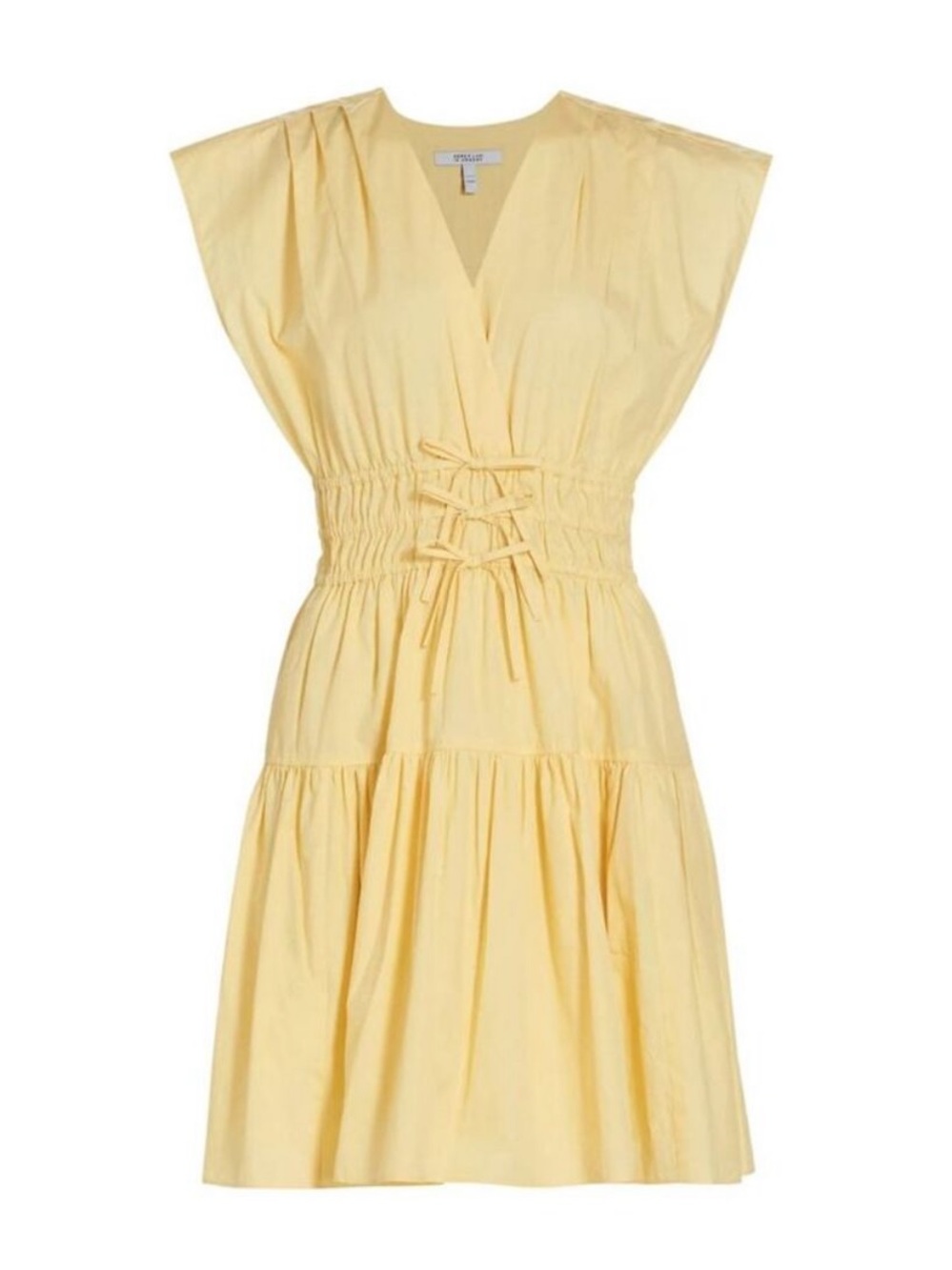 10 Crosby Derek Lam Pale Yellow Smocked Waist V‑Neck Cotton Mini Dress